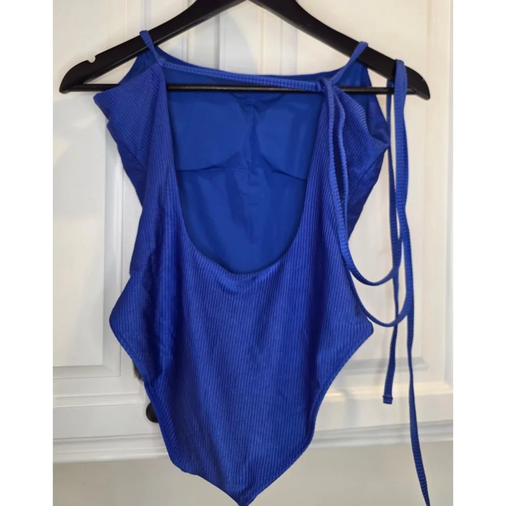 Aerie Blue Ribbed One Shoulder Wrap Tie One Piece Swimsuit NWT Size L